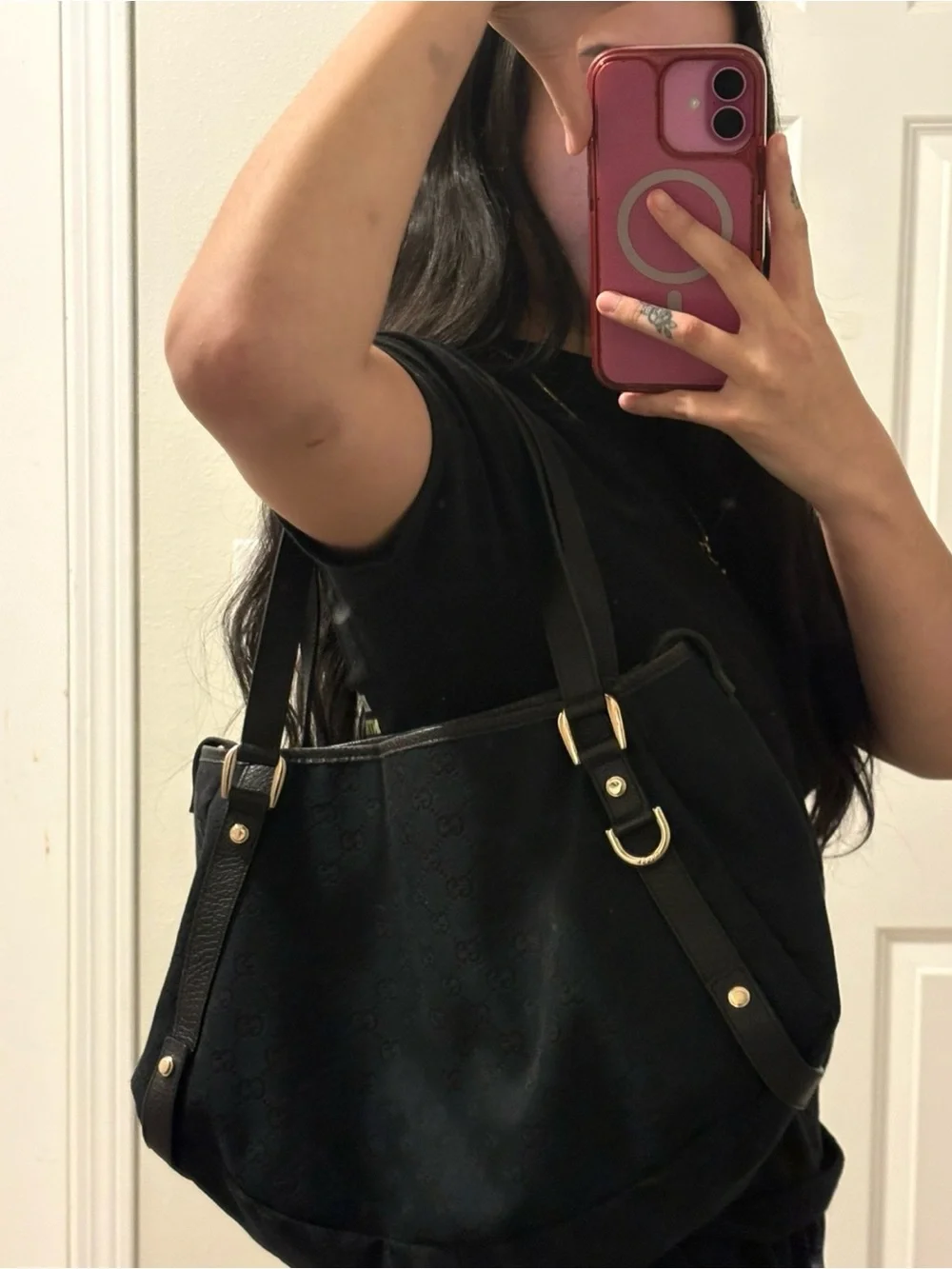 Gucci Black Monogram Shoulder Bag with Gold-Tone Hardware